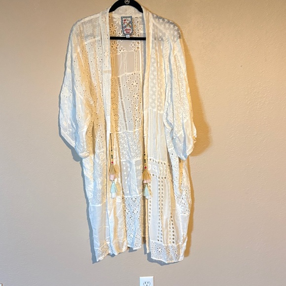 Johnny Was Jackets & Blazers - Johnny Was Cream Lace Kimono with Colorful Tassels